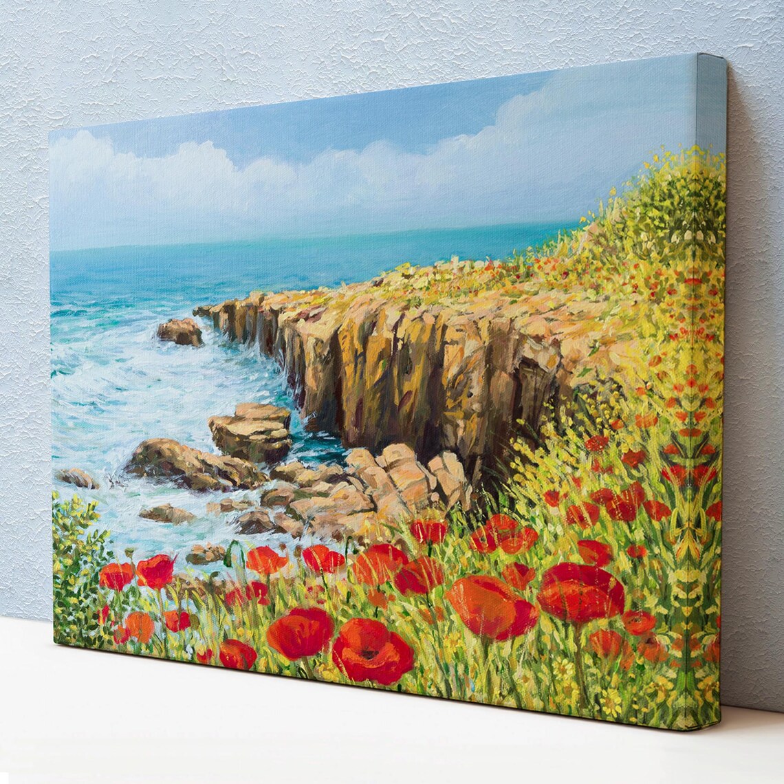 Rocky Ocean Coast Red Poppies Blue Sea Golden Cliffs Summer Poster