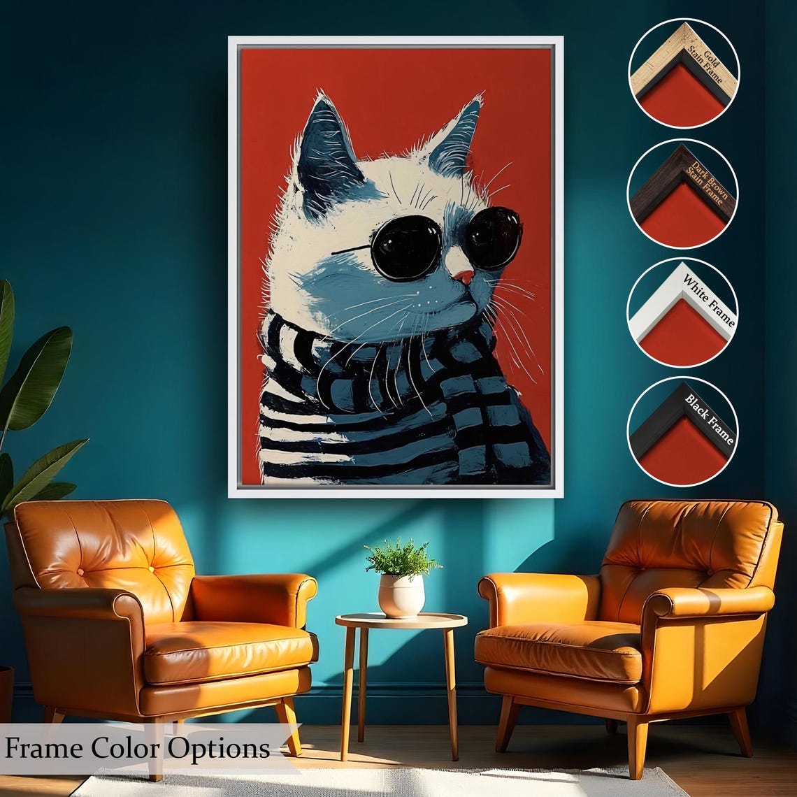 Cool Cat Wearing Sunglasses Striped Scarf Red Pop Art Poster - Image 2