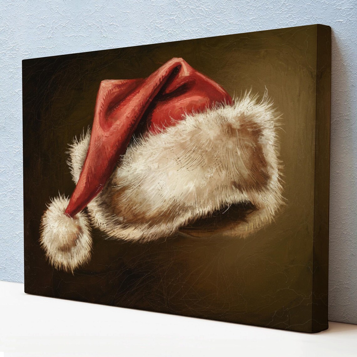 Vintage Santa Hat Still Life Oil Painting Dark Rustic Christmas Poster