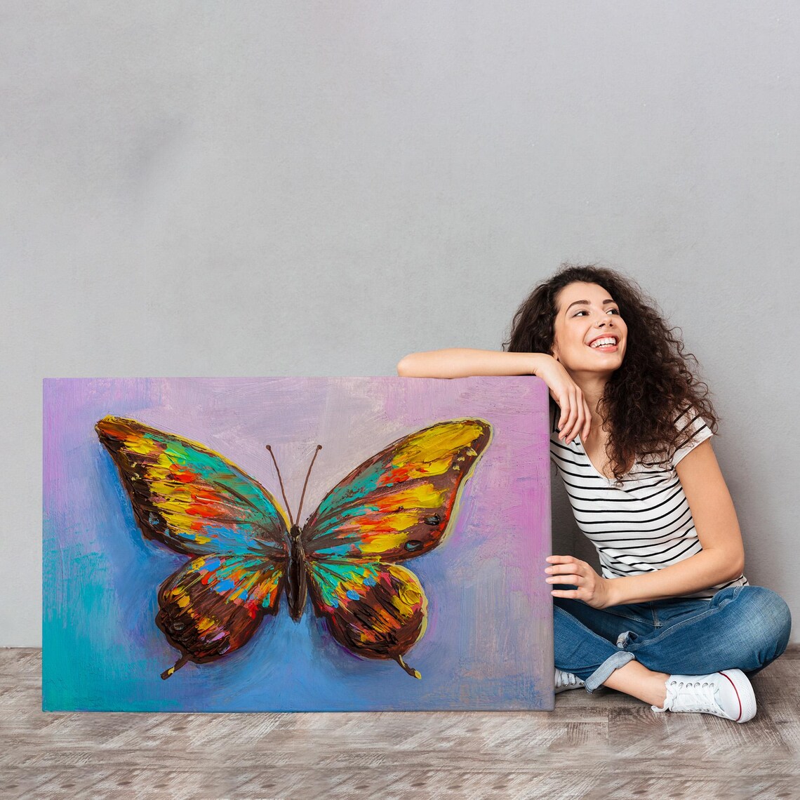 Colorful Butterfly Impasto Painting Teal Yellow Pink Modern Wall Art - Image 4