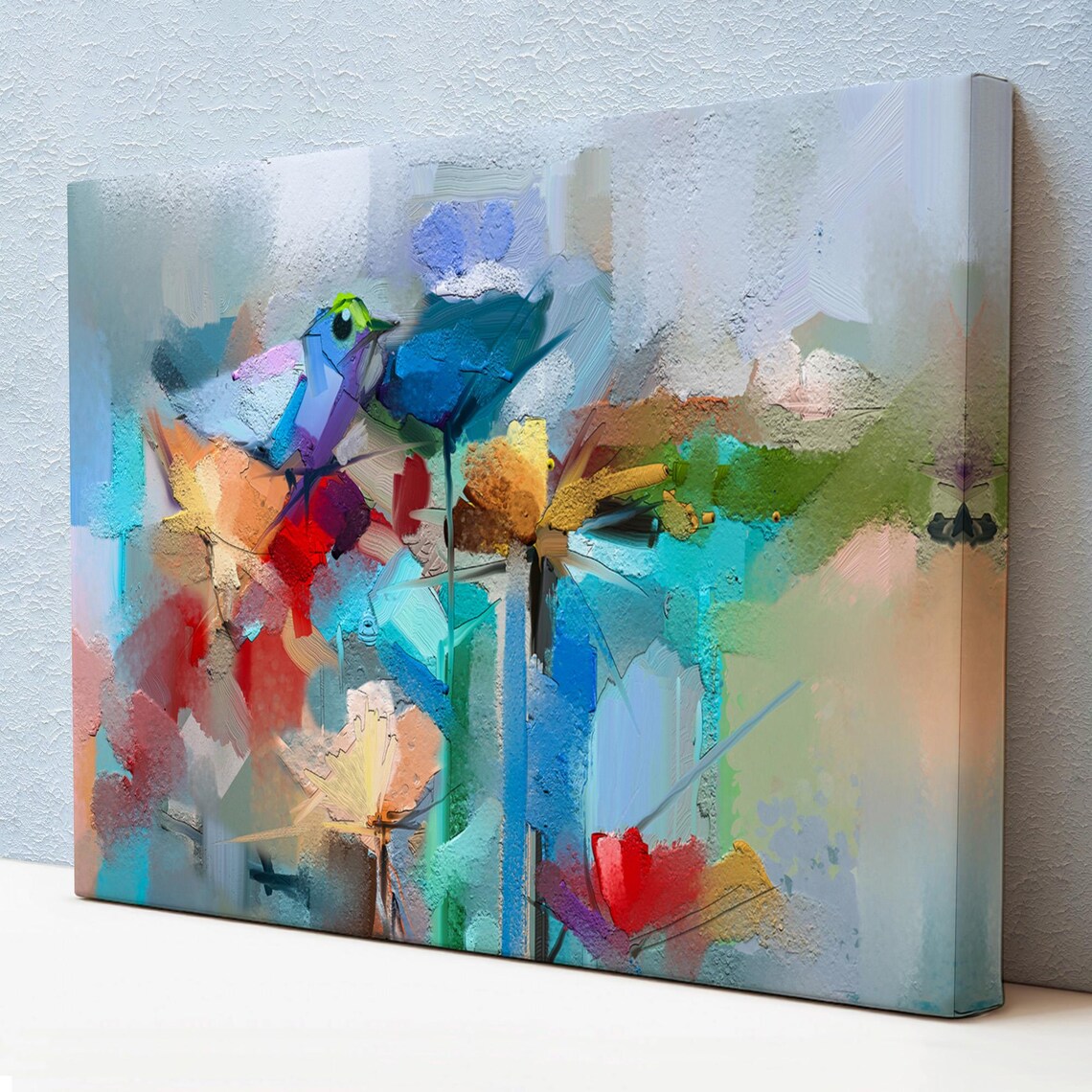 Abstract Blue Bird and Colorful Impasto Flowers Modern Wall Art