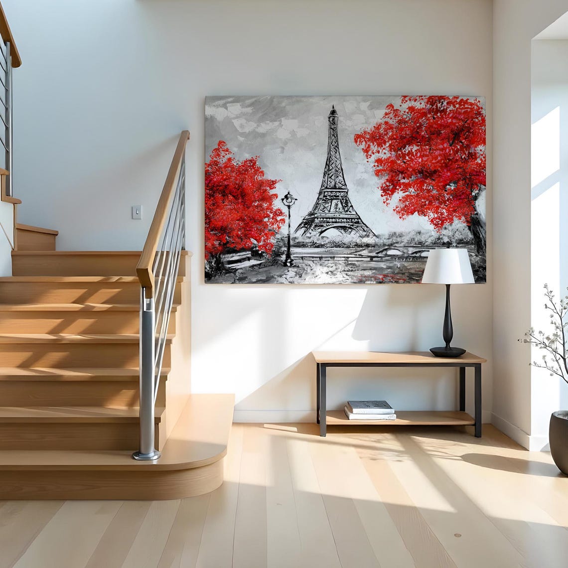 Paris Eiffel Tower Red Trees Black and White Romantic City Art Poster - Image 2
