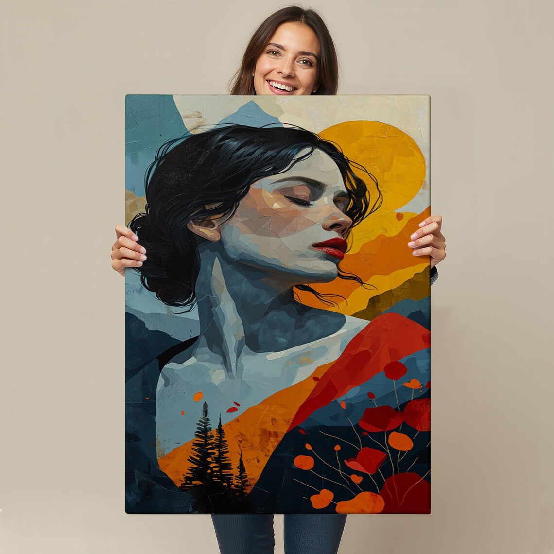 Woman At Sunset Abstract Faceted Portrait Modern Colorful Art Poster - Image 4