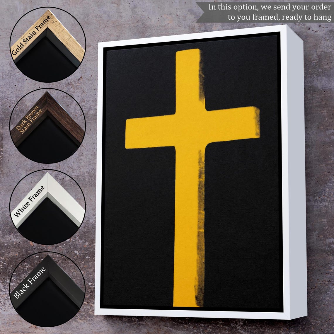 Yellow Cross Black Background Minimalist Christian Art Print - Image 3