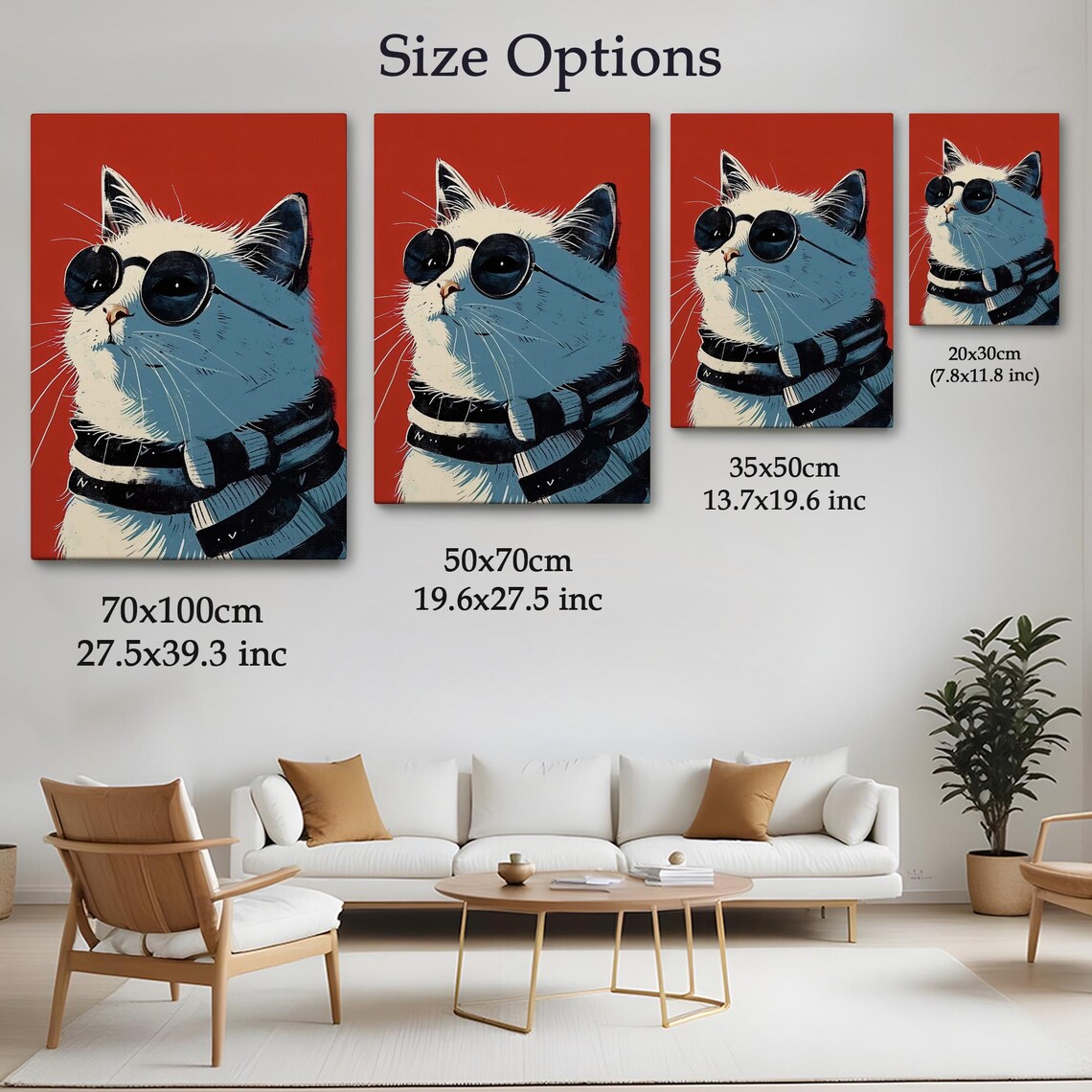 Cool Cat Wearing Sunglasses And Striped Scarf On Bold Red Canvas Poster - Image 4