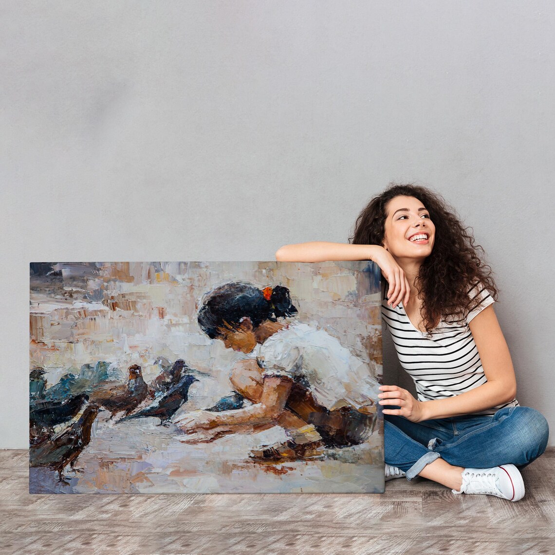 Little Girl Feeding Pigeons Impressionist Oil Painting Art Poster - Image 4