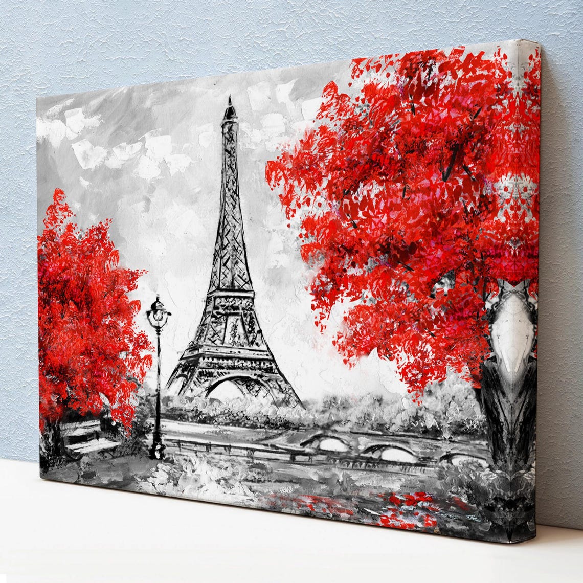 Paris Eiffel Tower Red Trees Black and White Romantic City Art Poster