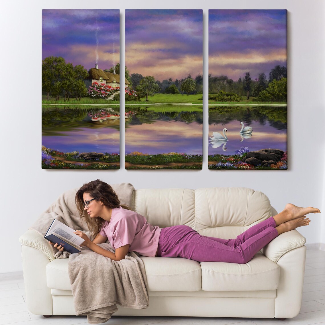Lakeside Cottage Sunset Swans Mirror Water Romantic Painting Poster - Image 3