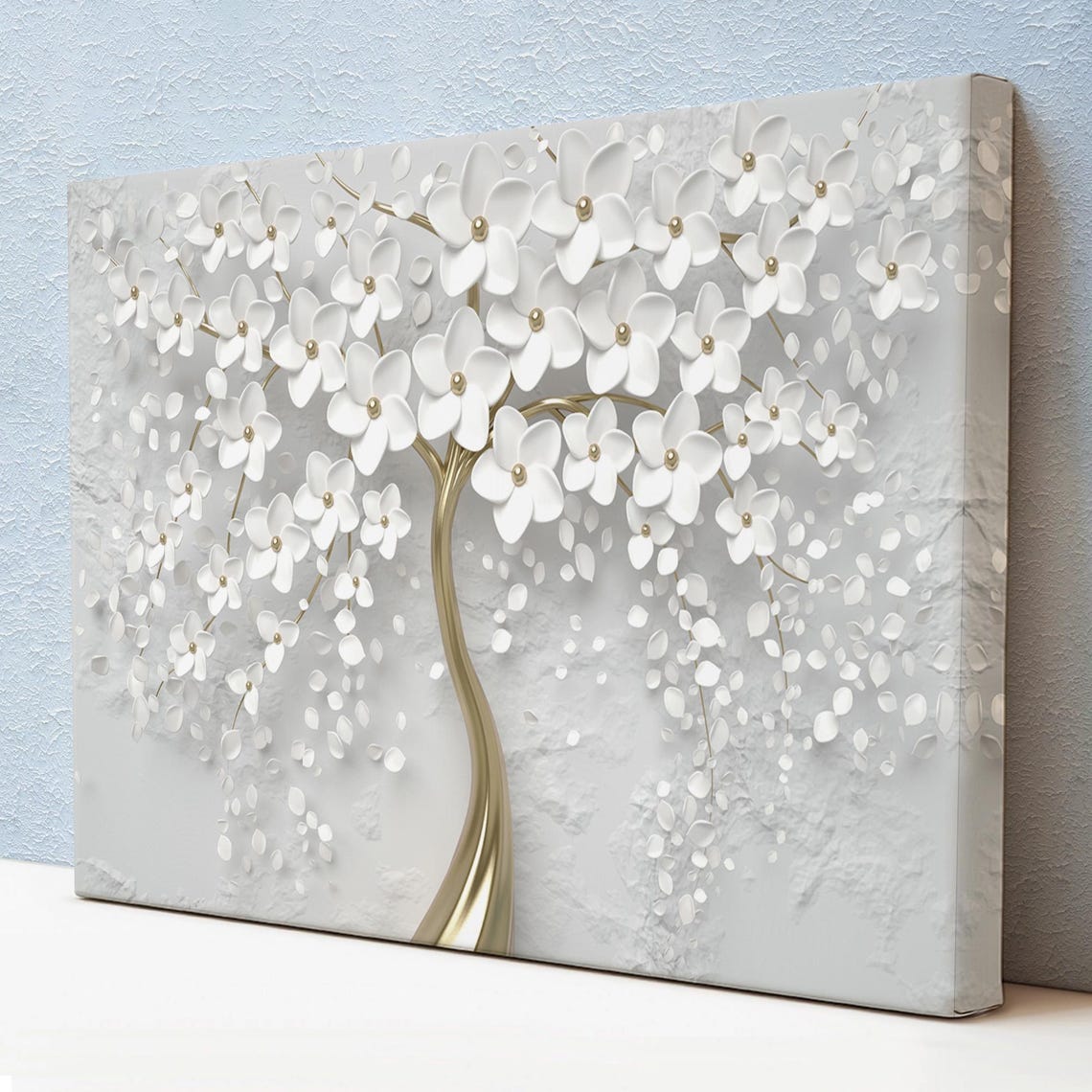 White Blossom Tree Gold Trunk Elegant Floral Wall Art Decor Poster