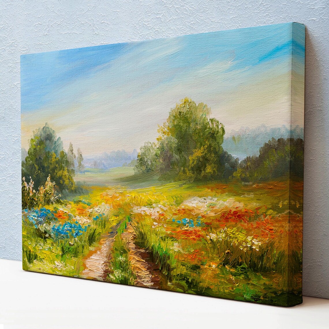 Sunlit Wildflower Meadow Poppy Cornflower Field Path Nature Poster