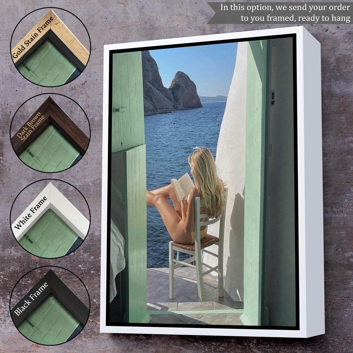 Woman Reading Book By The Sea Green Door Mediterranean View Poster - Image 3