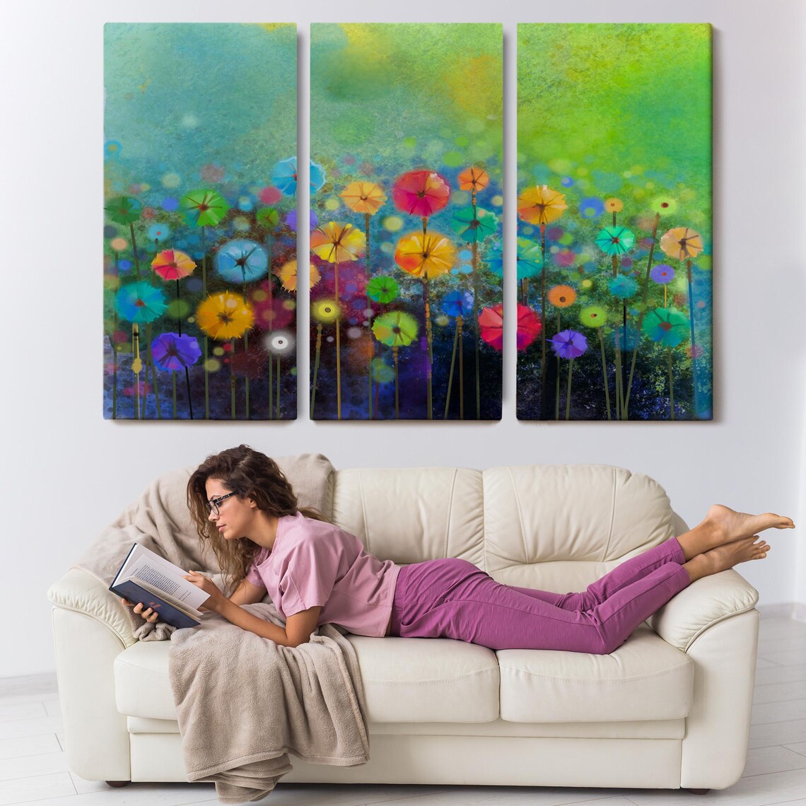 Colorful Abstract Flowers Watercolor Painting Green Background Print - Image 3