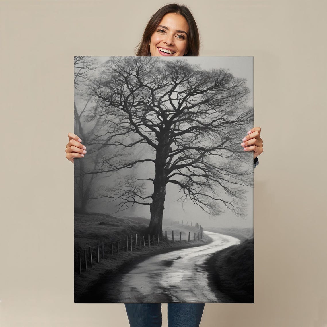 Moody Bare Tree Foggy Country Road Black White Landscape Wall Art - Image 4