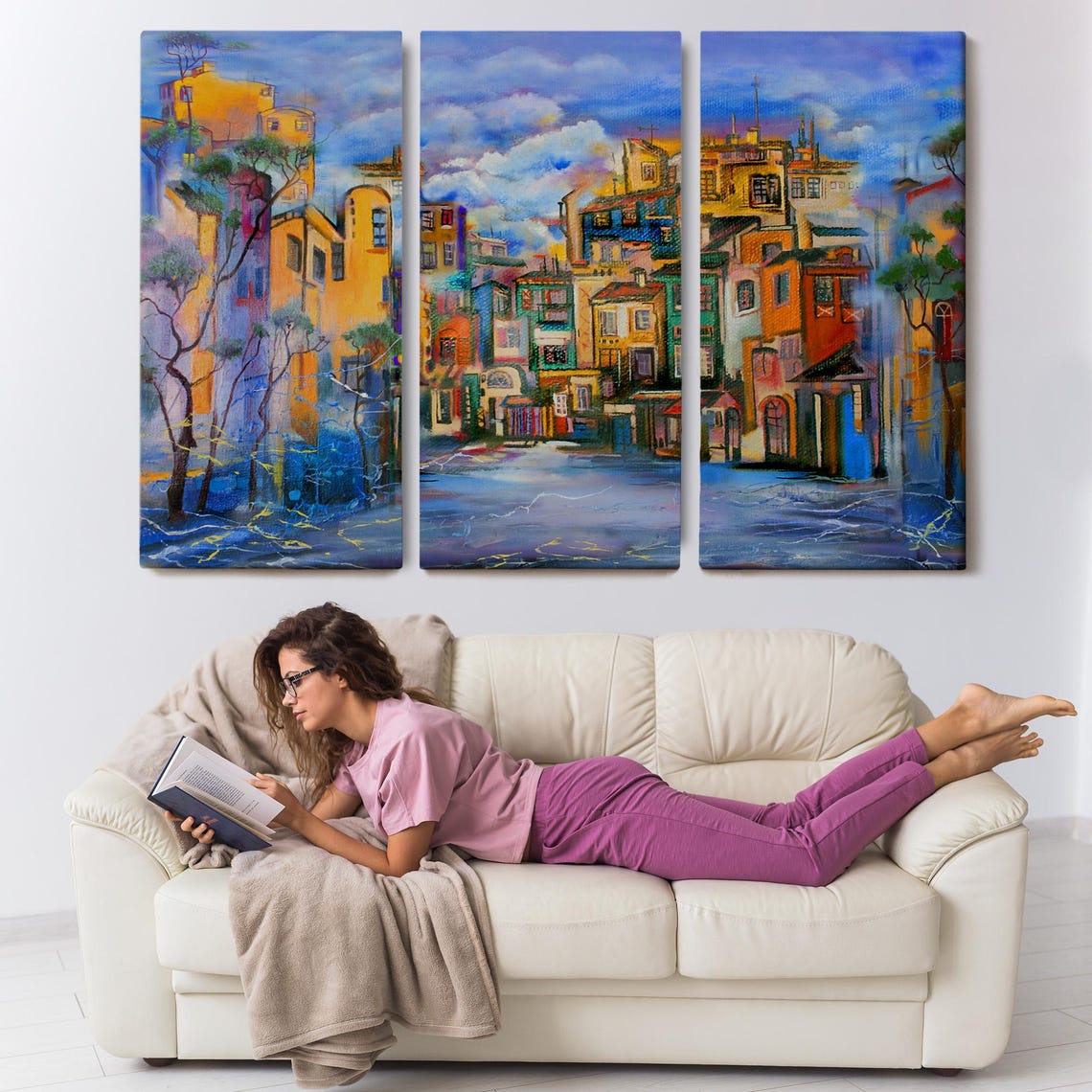 Colorful Old Town Street Cloudy Sky Impressionist Cityscape Art Poster - Image 3
