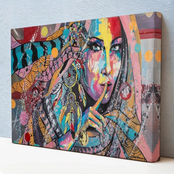 Pop Art Woman Face Dreamcatcher Feathers Colorful Portrait Wall Art