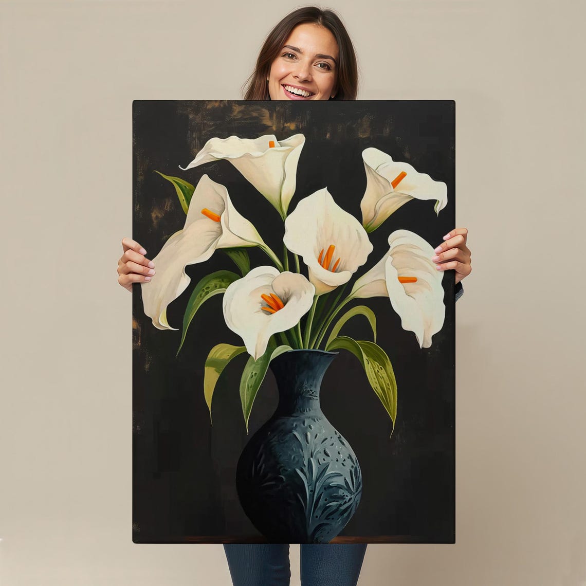 White Calla Lilies Dark Vase Elegant Floral Still Life Canvas Poster - Image 4