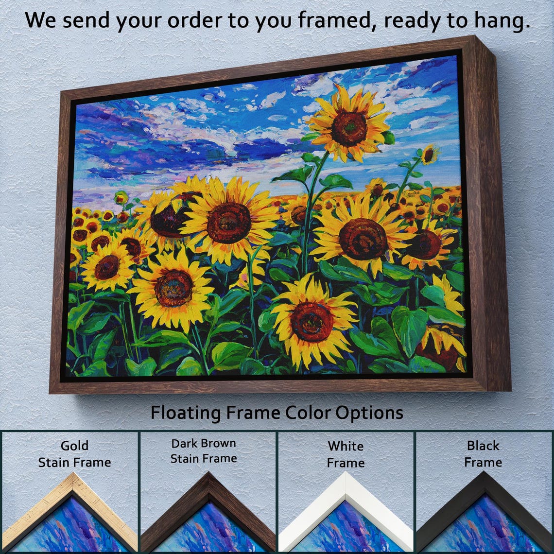 Tall Sunflowers Bright Blue Cloudy Sky Cheerful Summer Garden Poster - Image 3