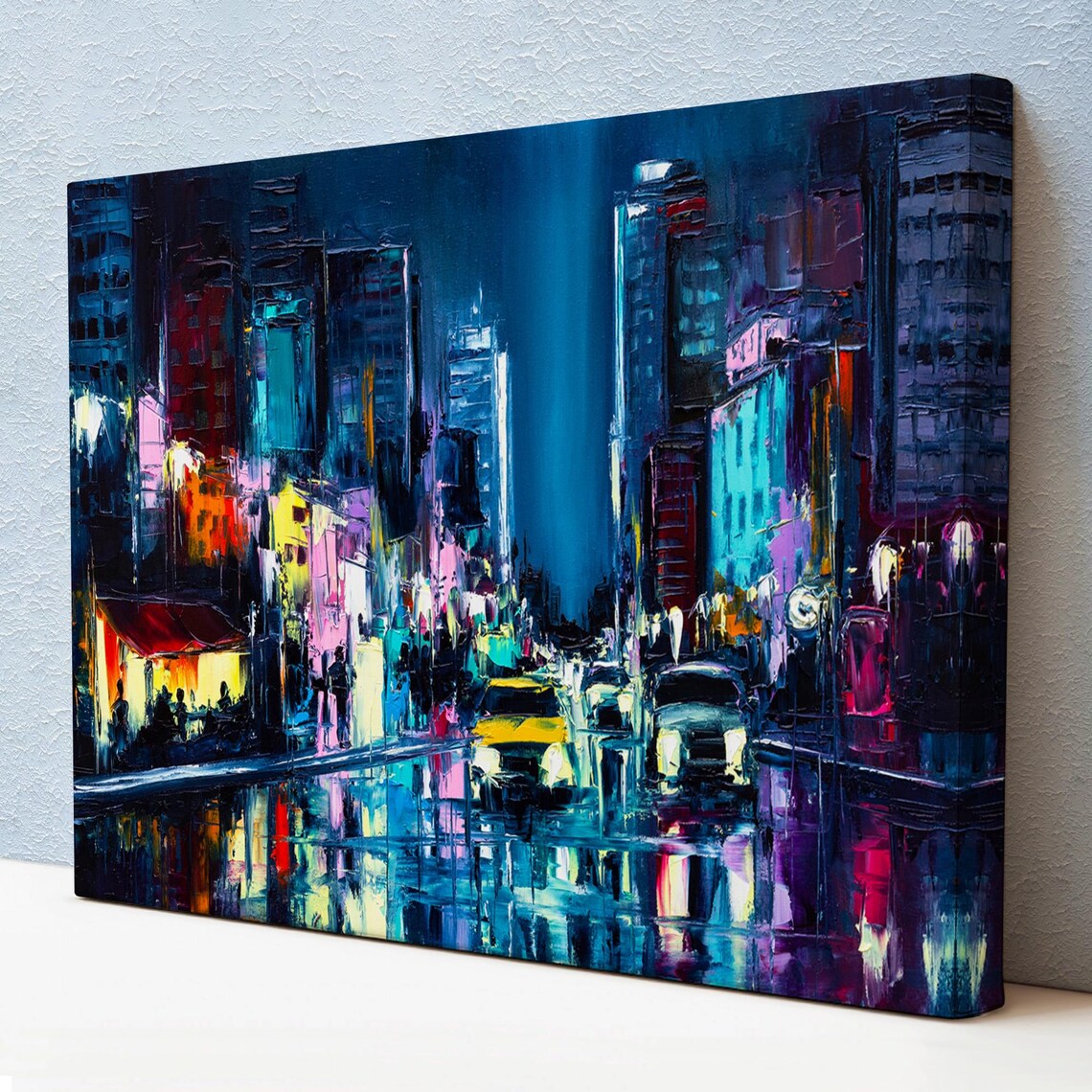 New York City Neon Night Street Yellow Taxi Rain Reflections Poster
