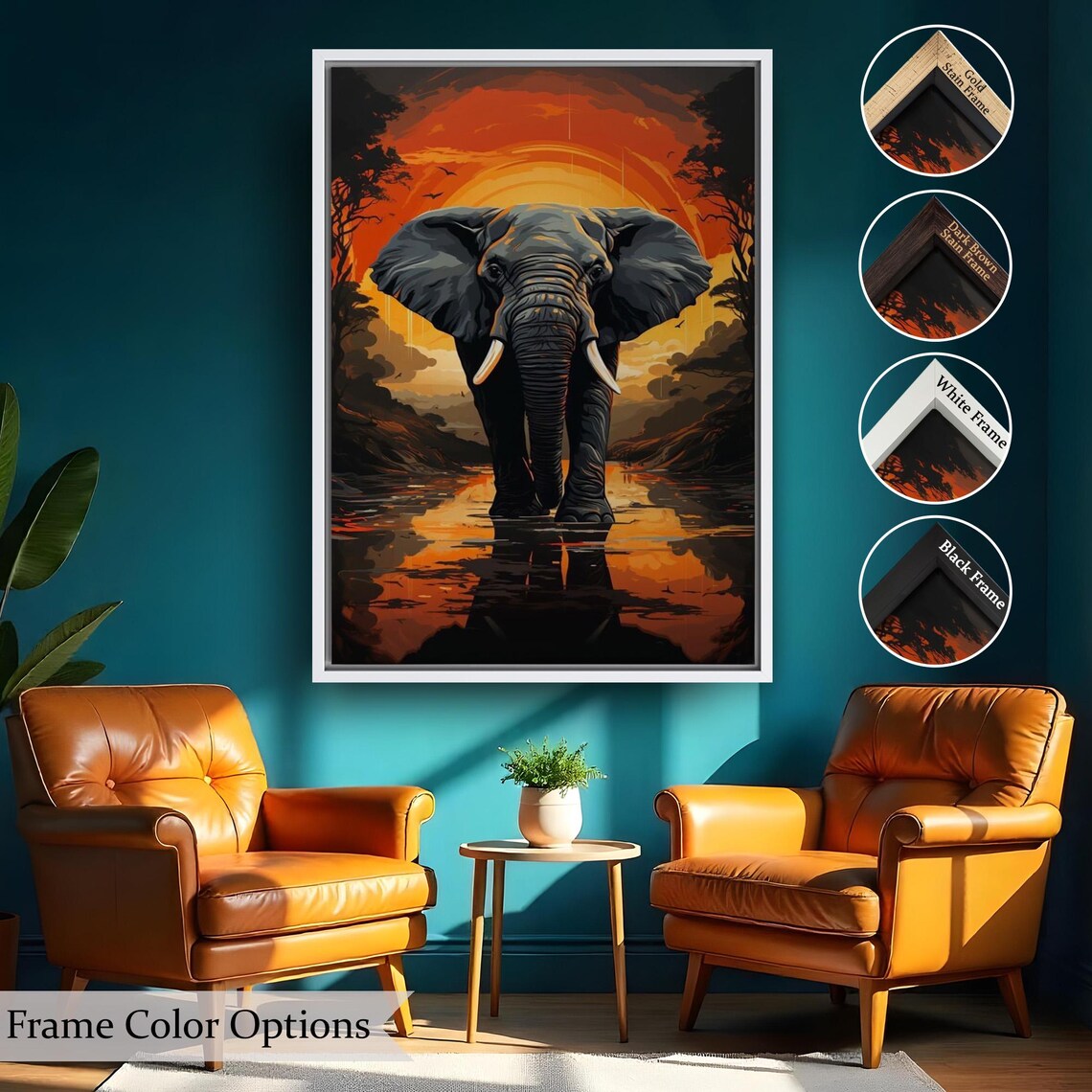 Elephant Walking Through Water At Fiery Orange Sunset Dramatic Wall Art - Image 2