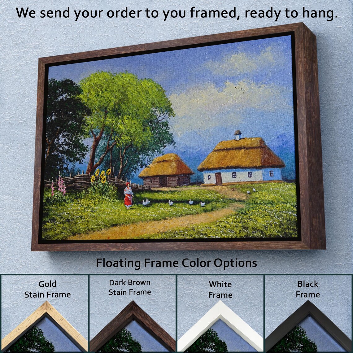 Ukrainian Village Thatched Houses Folk Woman Geese Summer Scene Poster - Image 3