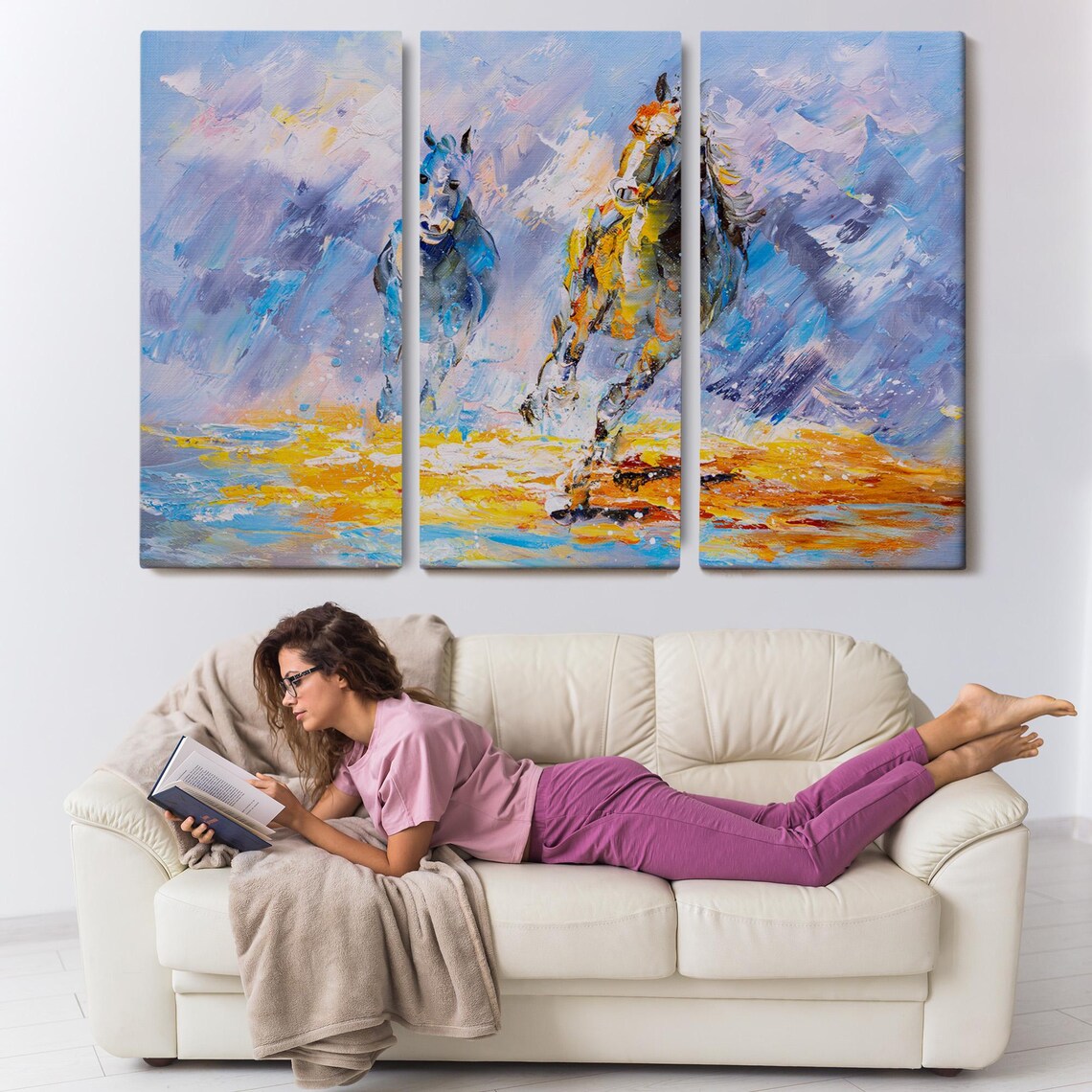 Two Galloping Horses Blue Gold Abstract Motion Oil Painting Poster - Image 3