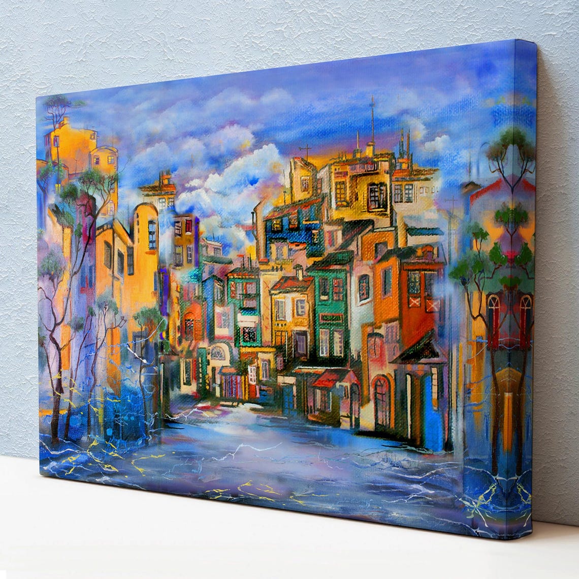 Colorful Old Town Street Cloudy Sky Impressionist Cityscape Art Poster
