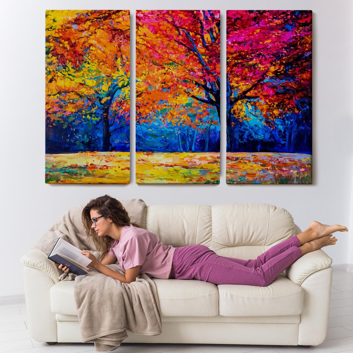 Vivid Autumn Forest Red Orange Magenta Trees Fall Foliage Oil Poster - Image 3