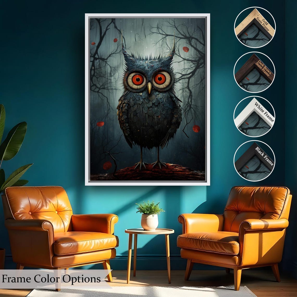 Whimsical Big Eyed Owl Misty Forest Quirky Dark Animal Art Poster - Image 2