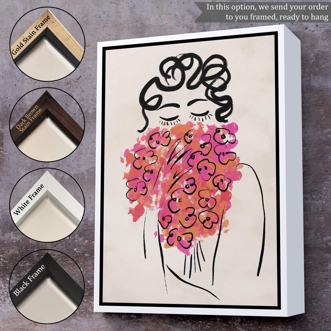 Minimalist Line Art Woman With Pink Flower Bouquet Boho Chic Wall Poster - Image 3