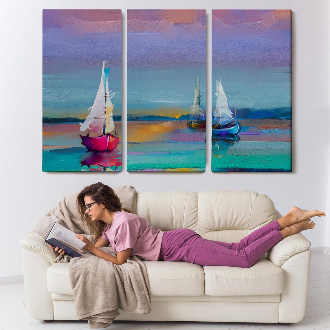 Three Colorful Sailboats Sunset Sky Vibrant Ocean Sailing Art Poster - Image 3