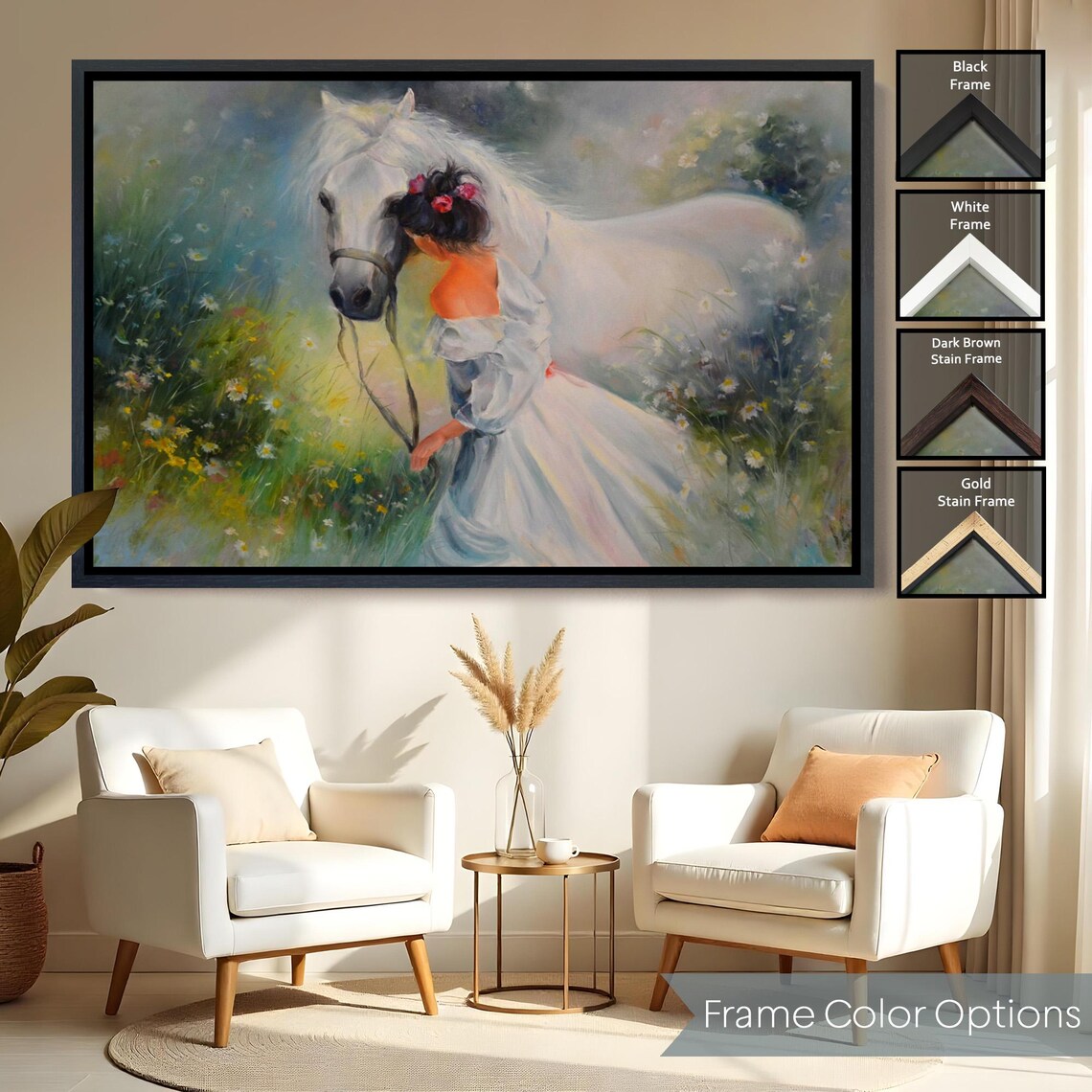 White Horse Girl In Flower Meadow Dreamy Romantic Oil Painting Print - Image 2