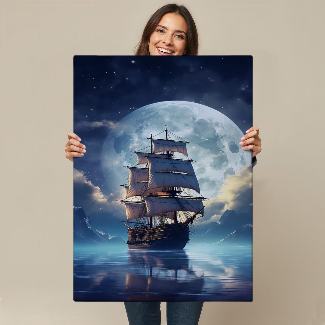 Tall Ship Sailing Under Giant Moon Night Ocean Dreamy Art Poster - Image 4