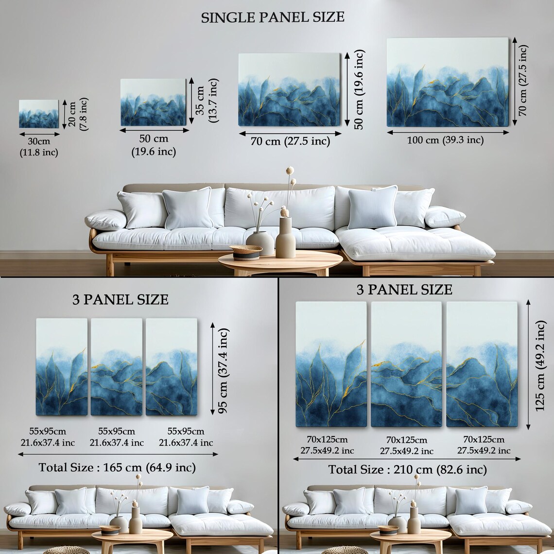 Blue Watercolor Mountains Gold Vein Lines Minimal Abstract Wall Art - Image 4