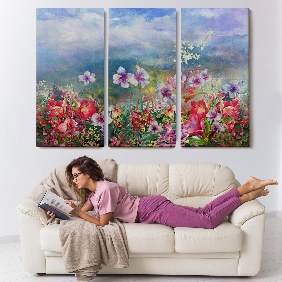 Colorful Watercolor Flowers Lilies Cloudy Sky Floral Art Poster - Image 3