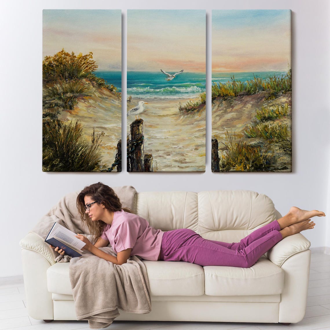 Sandy Path Through Dunes To Ocean Sunset Seagulls Coastal Scene Poster - Image 3
