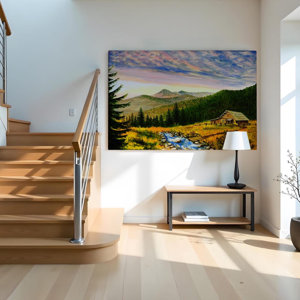 Pine Forest Mountain Cabin Stream Sunset Sky Landscape Travel Poster - Image 2