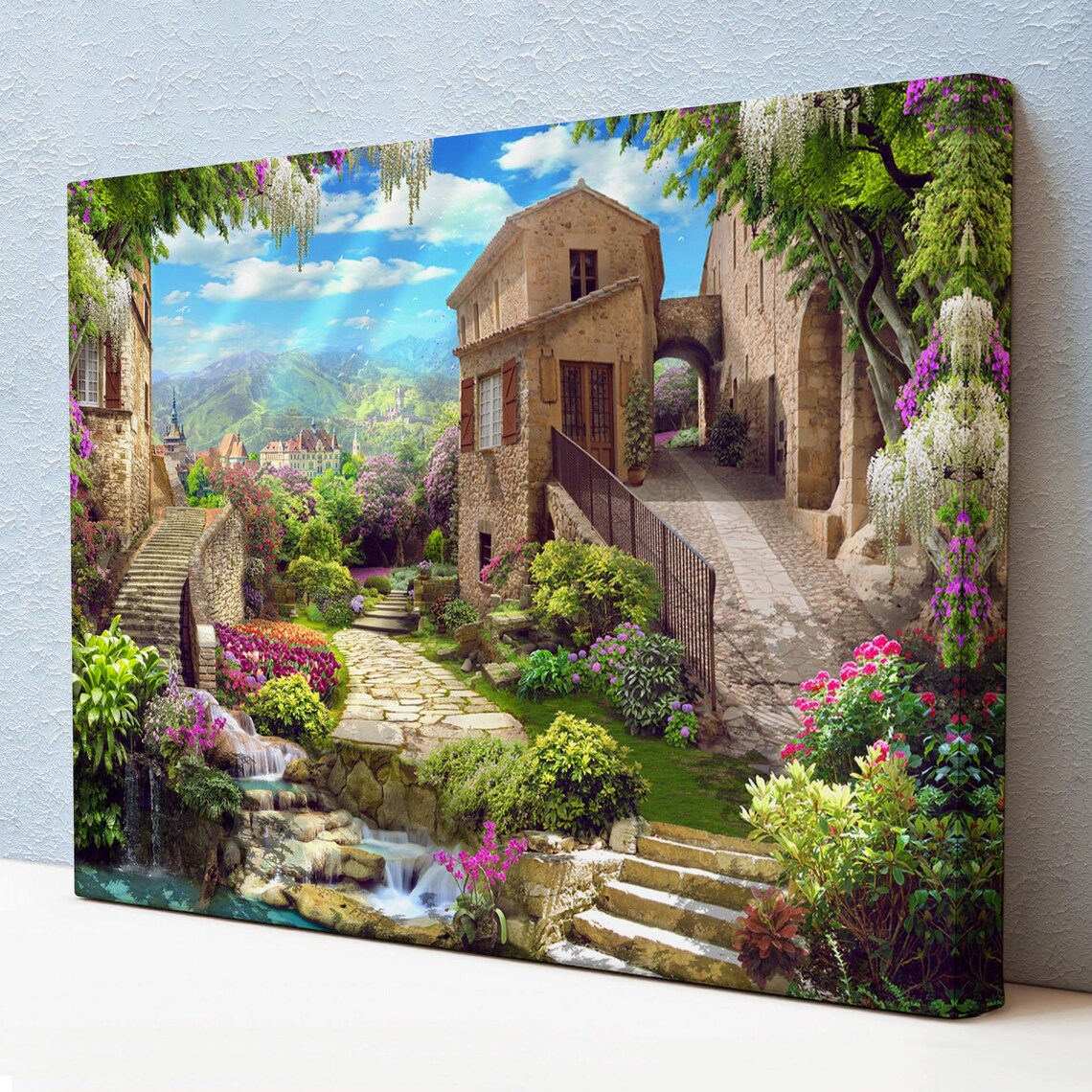 European Village Stone Houses Waterfall Flower Gardens View Poster