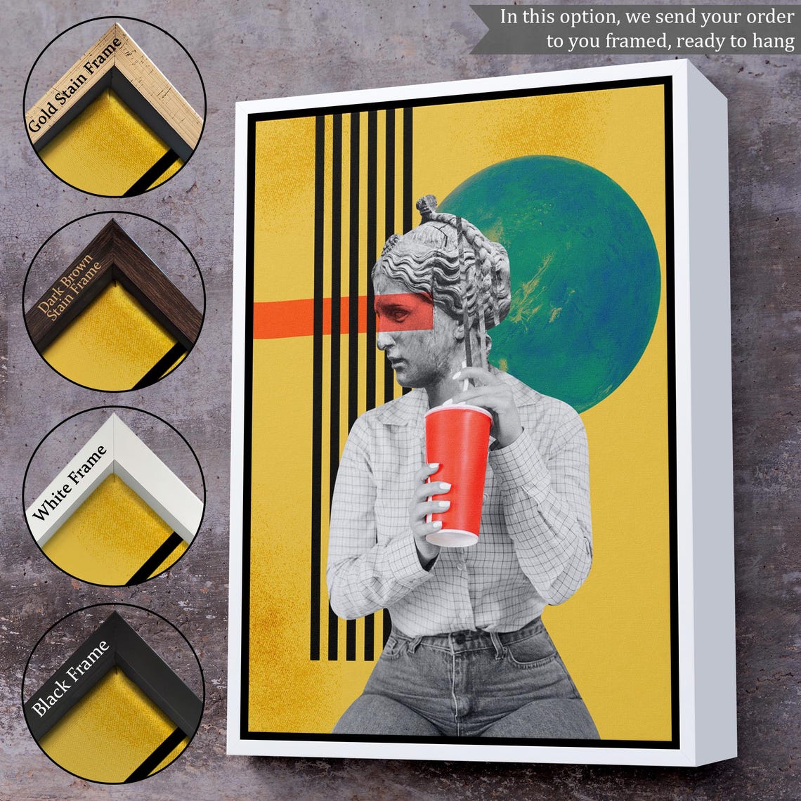 Pop Art Statue Head Woman Red Cup Yellow Surreal Collage Wall Art - Image 3