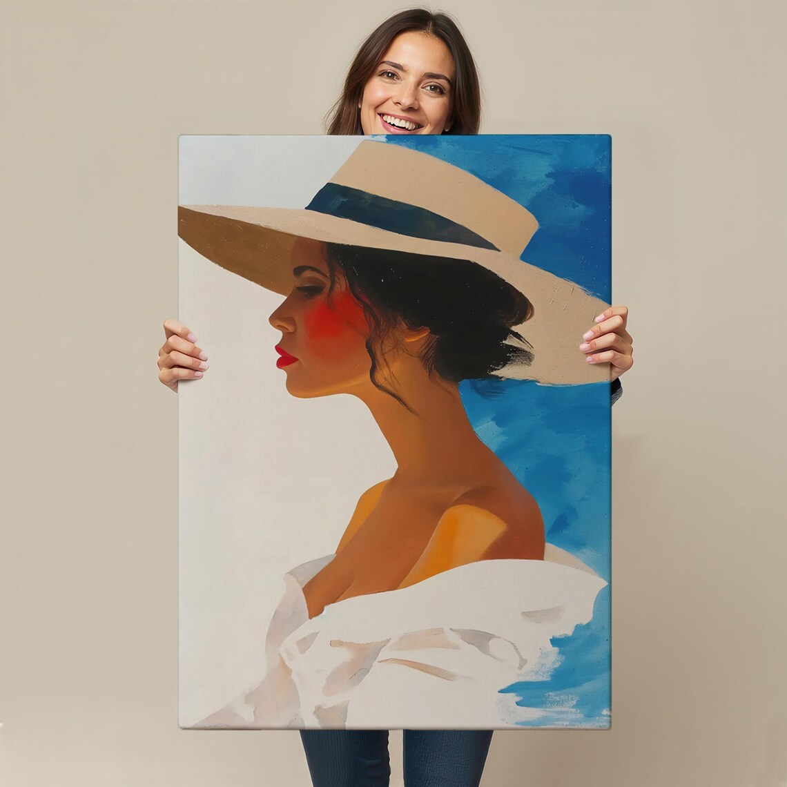 Retro Woman Wide Brim Straw Hat Blue Sky Vintage Summer Style Poster - Image 4