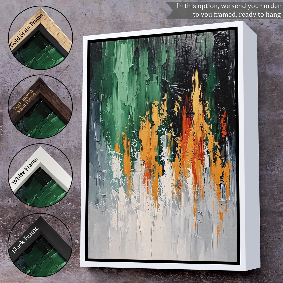 Abstract Impasto Oil Painting In Green Black Orange And White Wall Art - Image 3