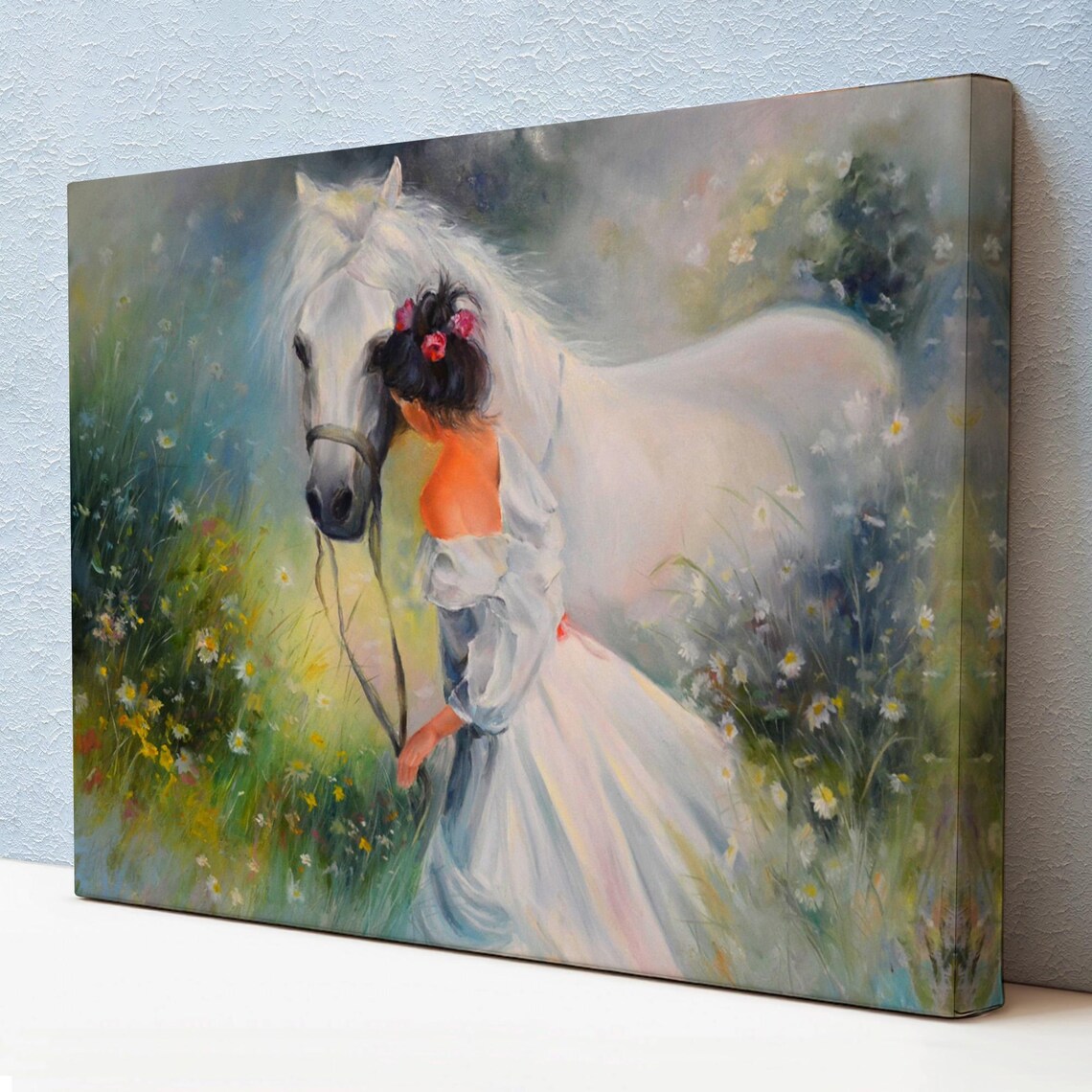 White Horse Girl In Flower Meadow Dreamy Romantic Oil Painting Print