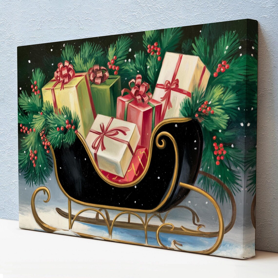 Black Gold Christmas Sleigh Colorful Gifts Pine Berries Festive Poster
