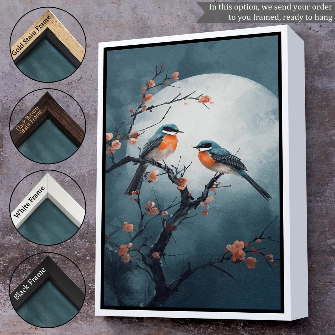 Two Songbirds Blossom Branches Full Moon Teal Night Painting Poster - Image 3