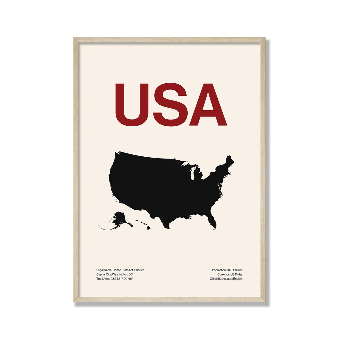 USA Country Map Minimalist Silhouette Poster Red Bold Typography