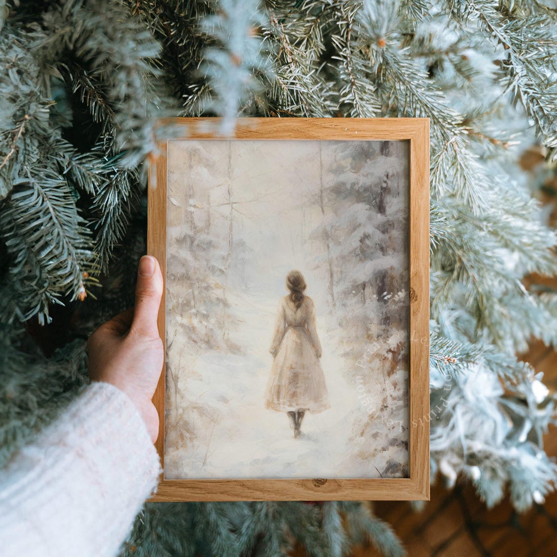 Woman in White Dress Walking a Snowy Forest Path Winter Poster - Image 8