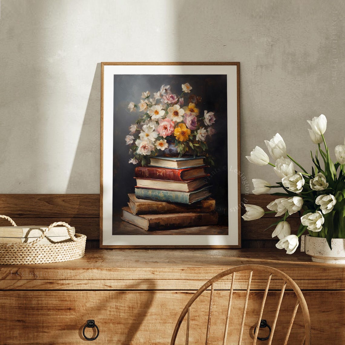 Wildflower Bouquet on Stack of Antique Books Dark Still Life Print - Image 2
