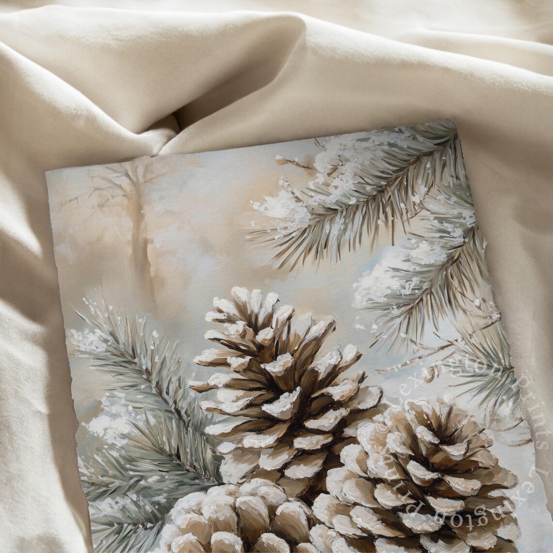 Snowy Pinecone Print, Neutral Farmhouse Christmas Art Print