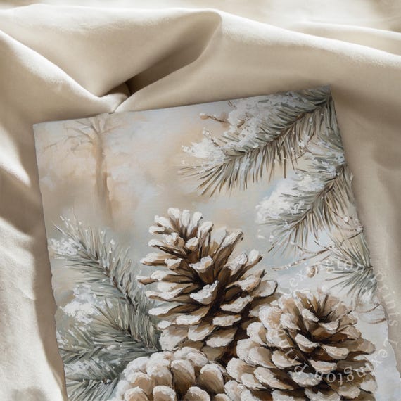 Snowy Pinecone Print, Neutral Farmhouse Christmas Art Print