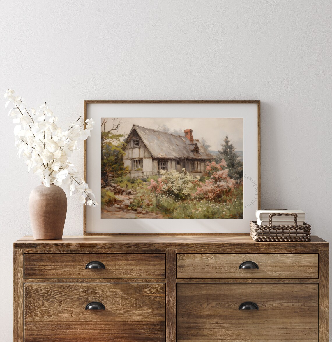 Rustic Old Cottage Pink Flower Garden Vintage Oil Painting Wall Art - Image 8