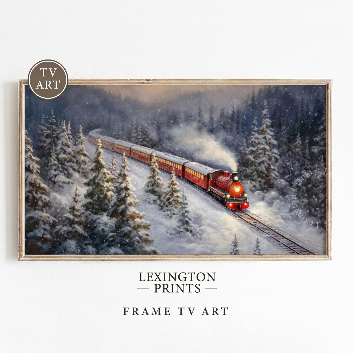 Red Christmas Steam Train Snowy Winter Forest Holiday Frame TV Poster